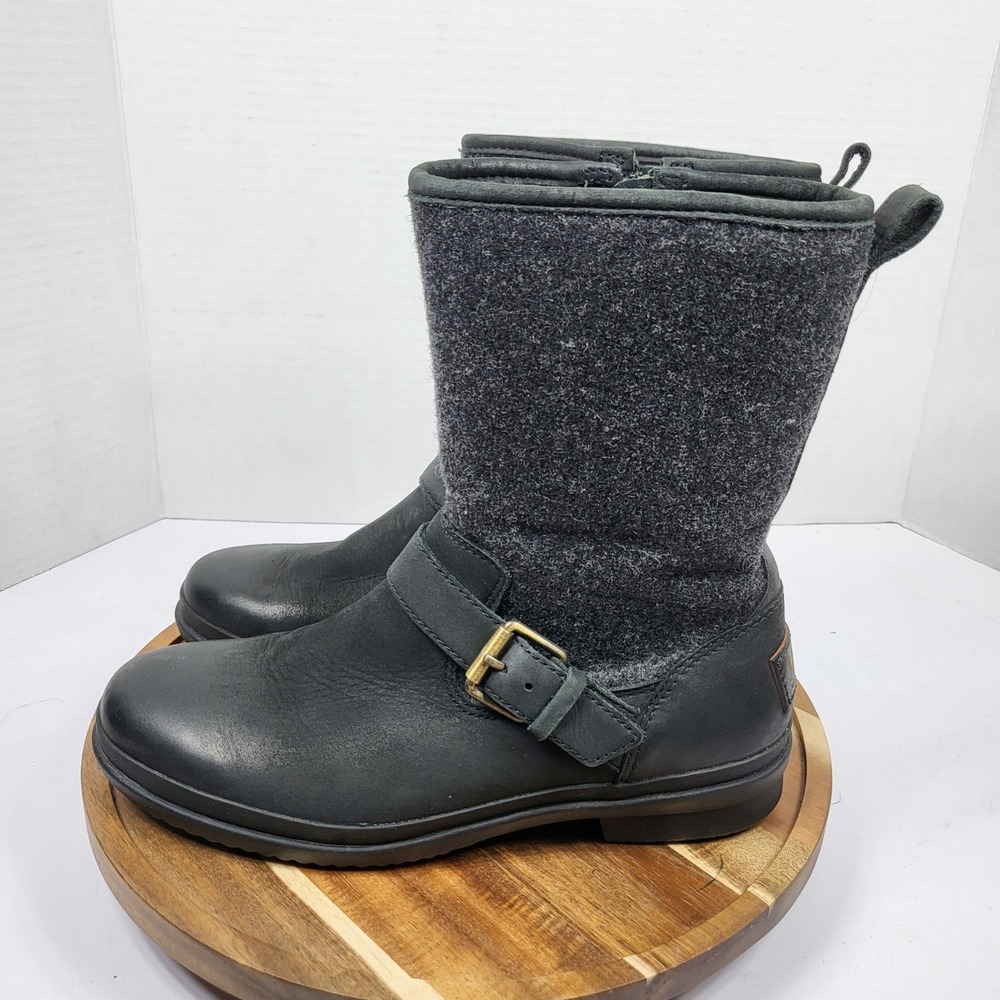 UGG Simmens Waterproof Boots Women 6.5 Black Leather Wool Moto 1017377 Excellent